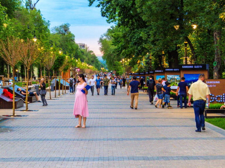 Walking down Arbat Street in Almaty